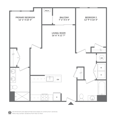 Floor plan for 2 beds, 2 baths, 1007 sqft